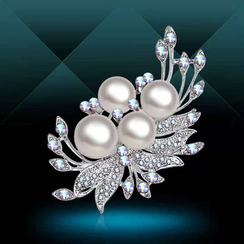 Women's Simple Rhinestone Pearl Clip Hollow Brooch Metal Flower Accessories