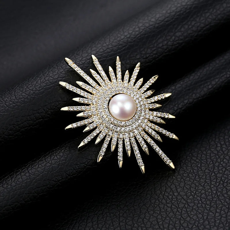 Women's Simple Rhinestone Pearl Clip Hollow Brooch Metal Flower Accessories