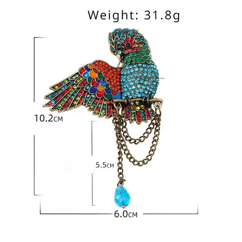 Retro Parrot Pendant Brooch Exaggerated Temperament Personality Water Diamond Bird Animal Emblem Unisex Clothing Accessories