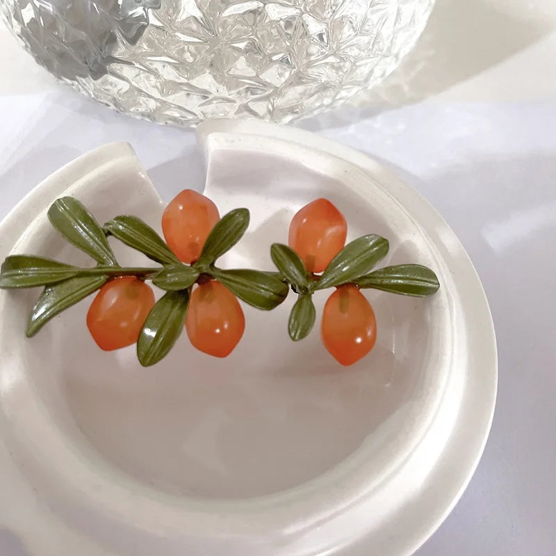 Women Orange Cherry Brooch Glaze Alloy Plant Fruit Pins