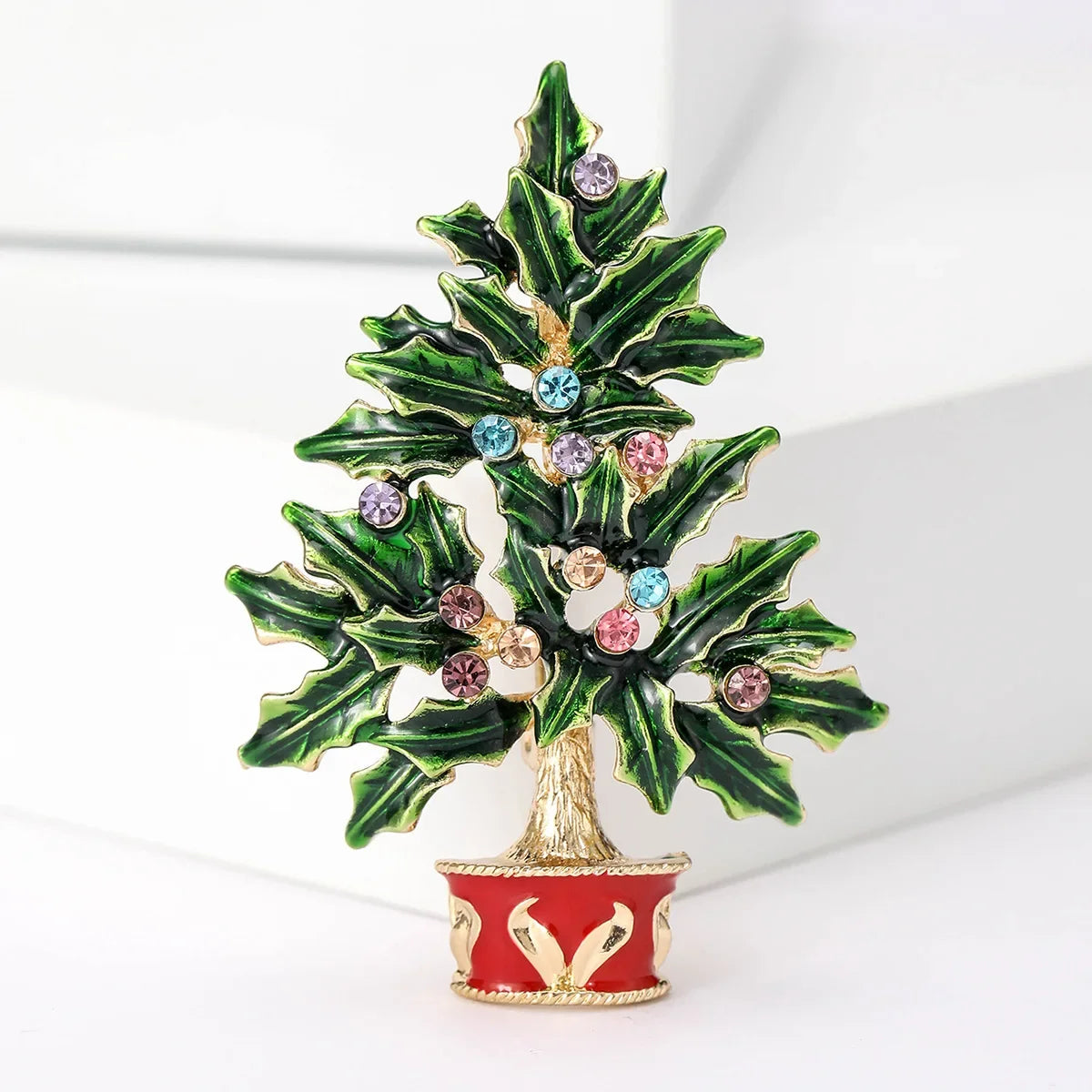 Vintage Fashion Drip Oil Christmas Tree Breast Needle Alloy Water Diamond Plant Emblem Men's And Women's Suit Skirt Accessories
