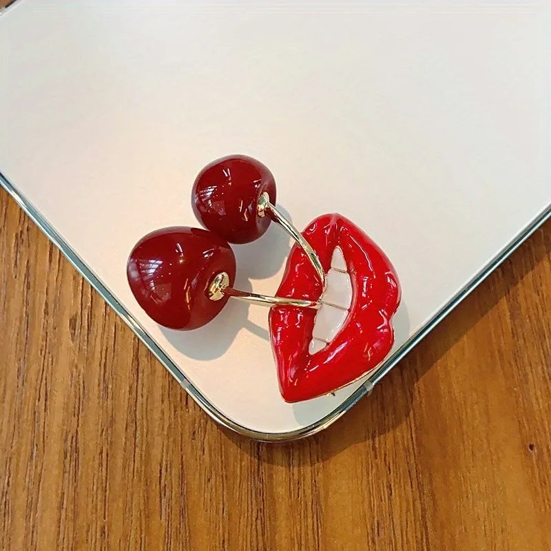 Sexy Cherry Mouth Brooch For Women Enamel Fruit Valentine's Day Casual Badge
