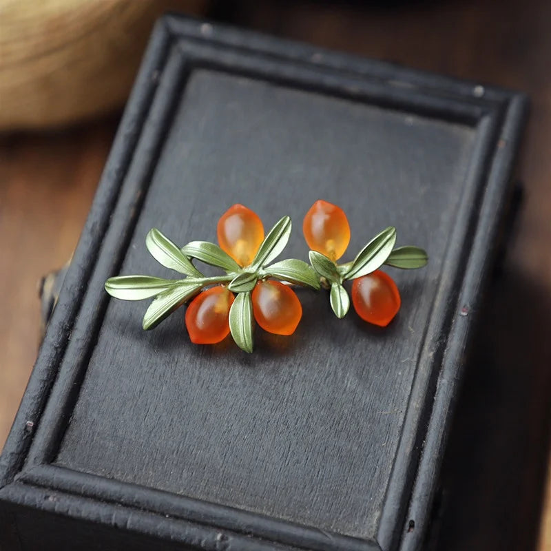 Women Orange Cherry Brooch Glaze Alloy Plant Fruit Pins