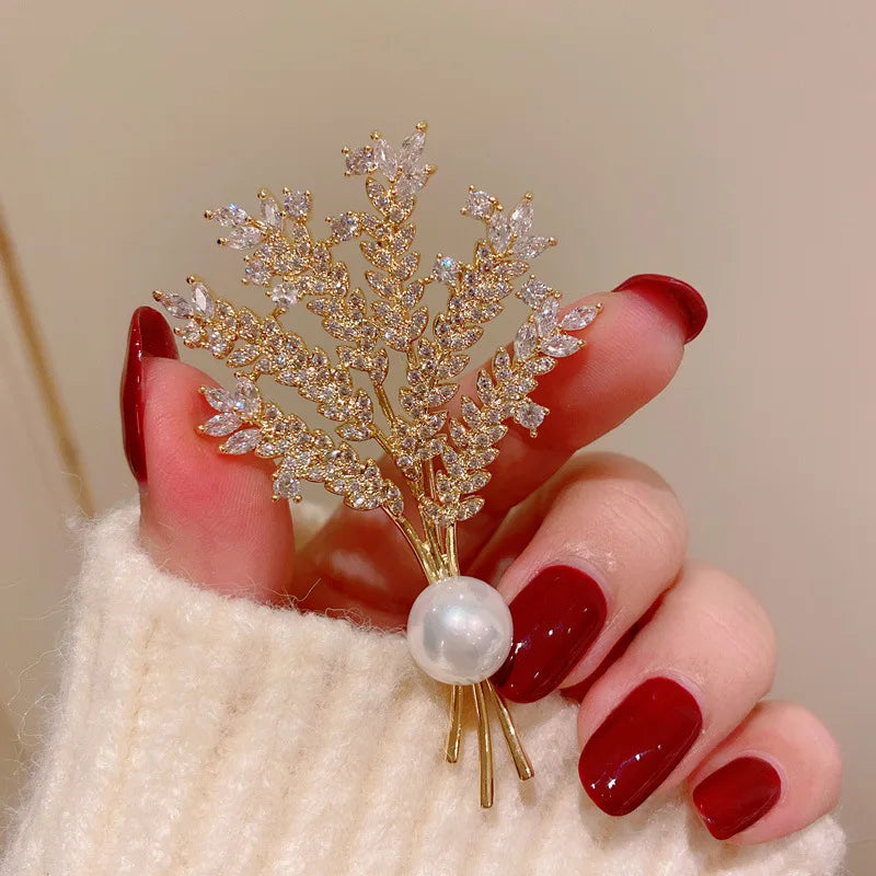 Luxury Rhinestone Wheat Ear Brooch Collar Pins for Suit Shining Women Men's Party Brooches Jewelry