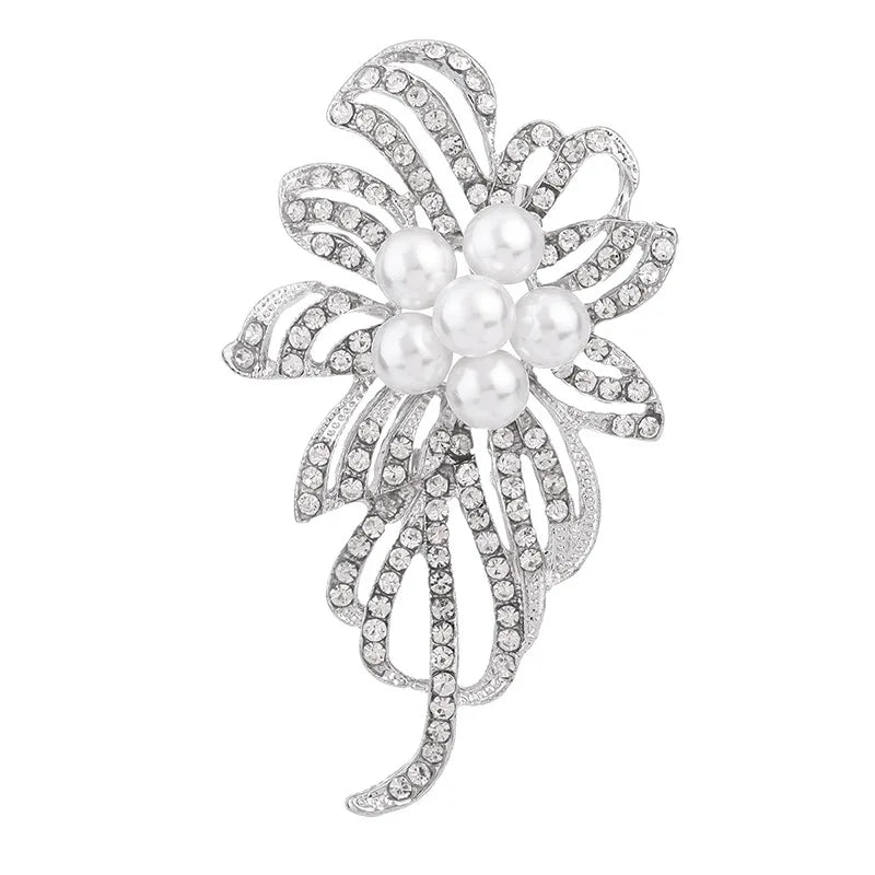 Women's Simple Rhinestone Pearl Clip Hollow Brooch Metal Flower Accessories