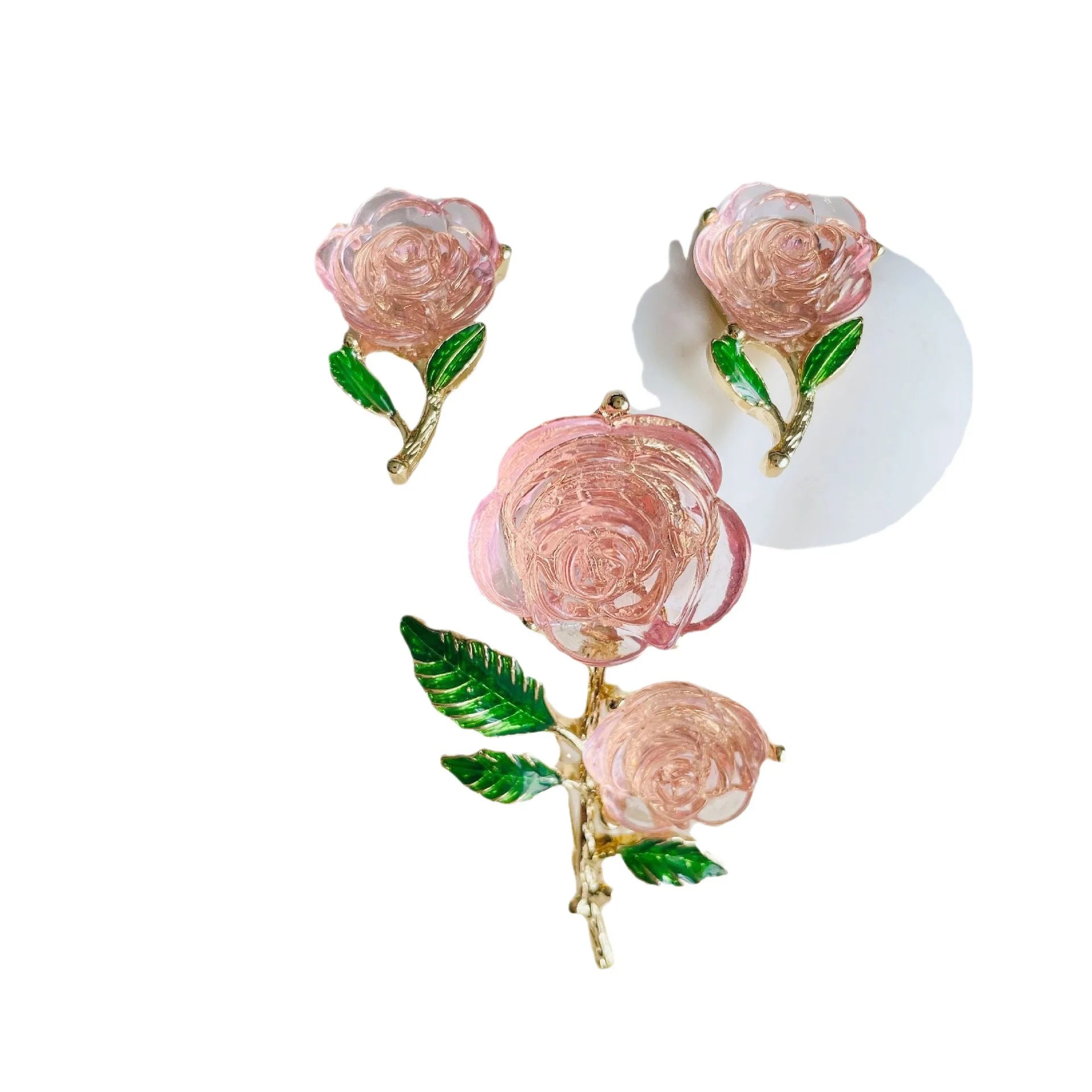 Vintage Rose Flower Brooch, Silver Needle Earrings, Enamel Drops, Green Leaves, Women's Ice Crystal, Powdery Feeling Brooch