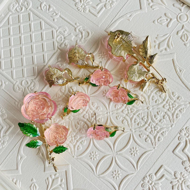 Vintage Rose Flower Brooch, Silver Needle Earrings, Enamel Drops, Green Leaves, Women's Ice Crystal, Powdery Feeling Brooch