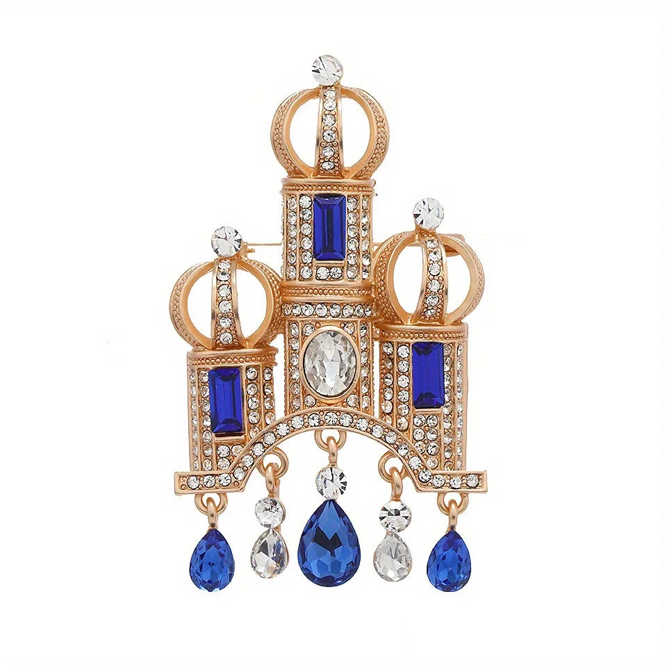 women castle shape brooch fashion rhinestone metal pins tassel accessories