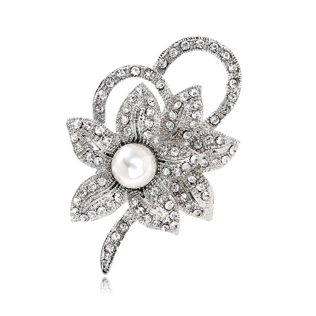 Women's Simple Rhinestone Pearl Clip Hollow Brooch Metal Flower Accessories