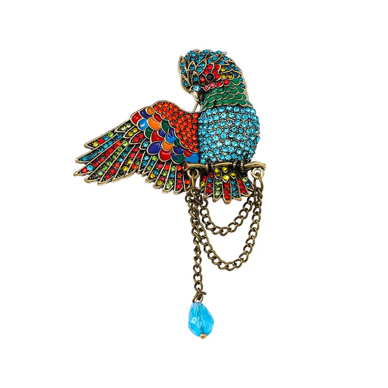Retro Parrot Pendant Brooch Exaggerated Temperament Personality Water Diamond Bird Animal Emblem Unisex Clothing Accessories
