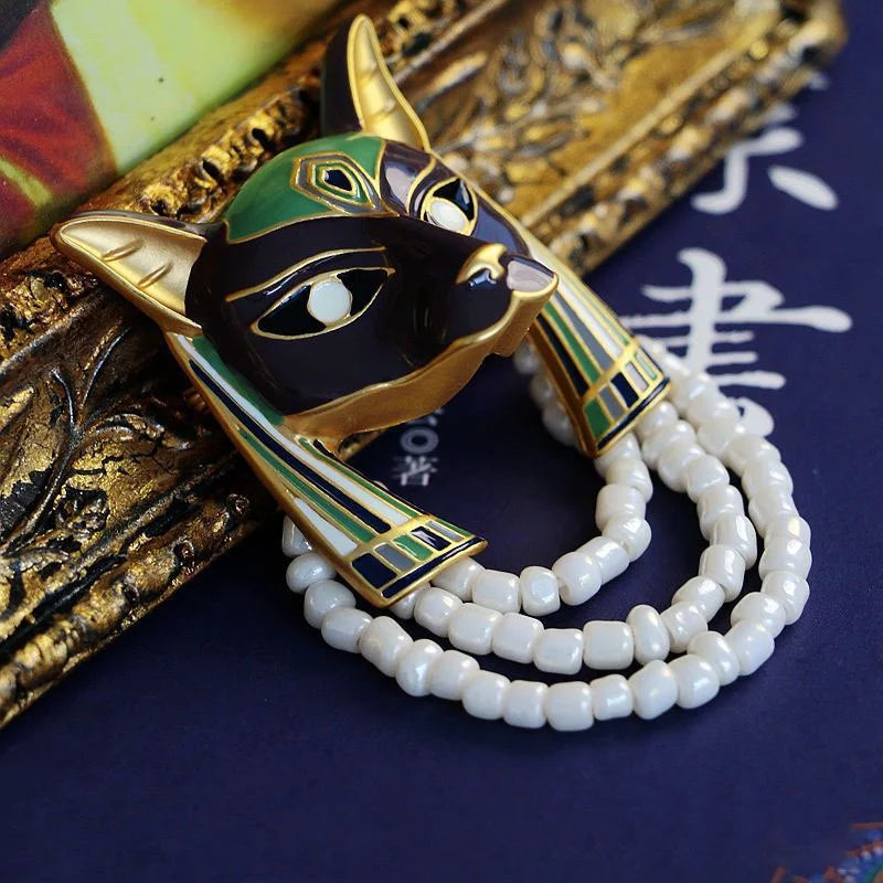 Egypt Wolf Head Brooches Enamel Soul Keeper Bead Chain Corsage Fox Animal Pins Jewelry