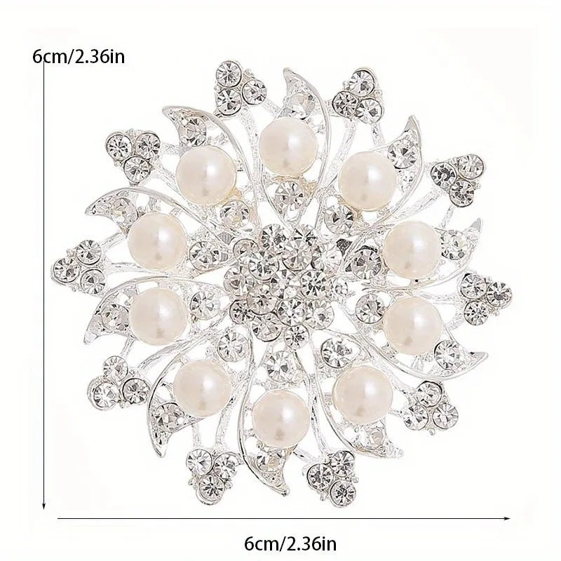 Women's Simple Rhinestone Pearl Clip Hollow Brooch Metal Flower Accessories