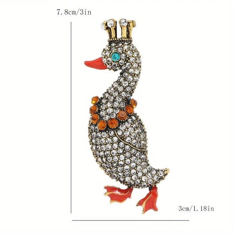 Fashion Crown Goose Brooch Luxury Rhinestone Duck Badges Women Vintage Animal Lapel Pin