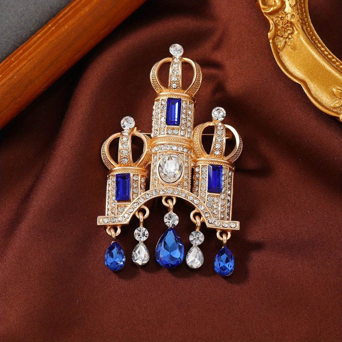 women castle shape brooch fashion rhinestone metal pins tassel accessories