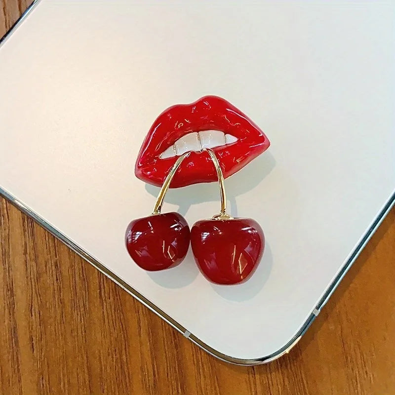 Sexy Cherry Mouth Brooch For Women Enamel Fruit Valentine's Day Casual Badge