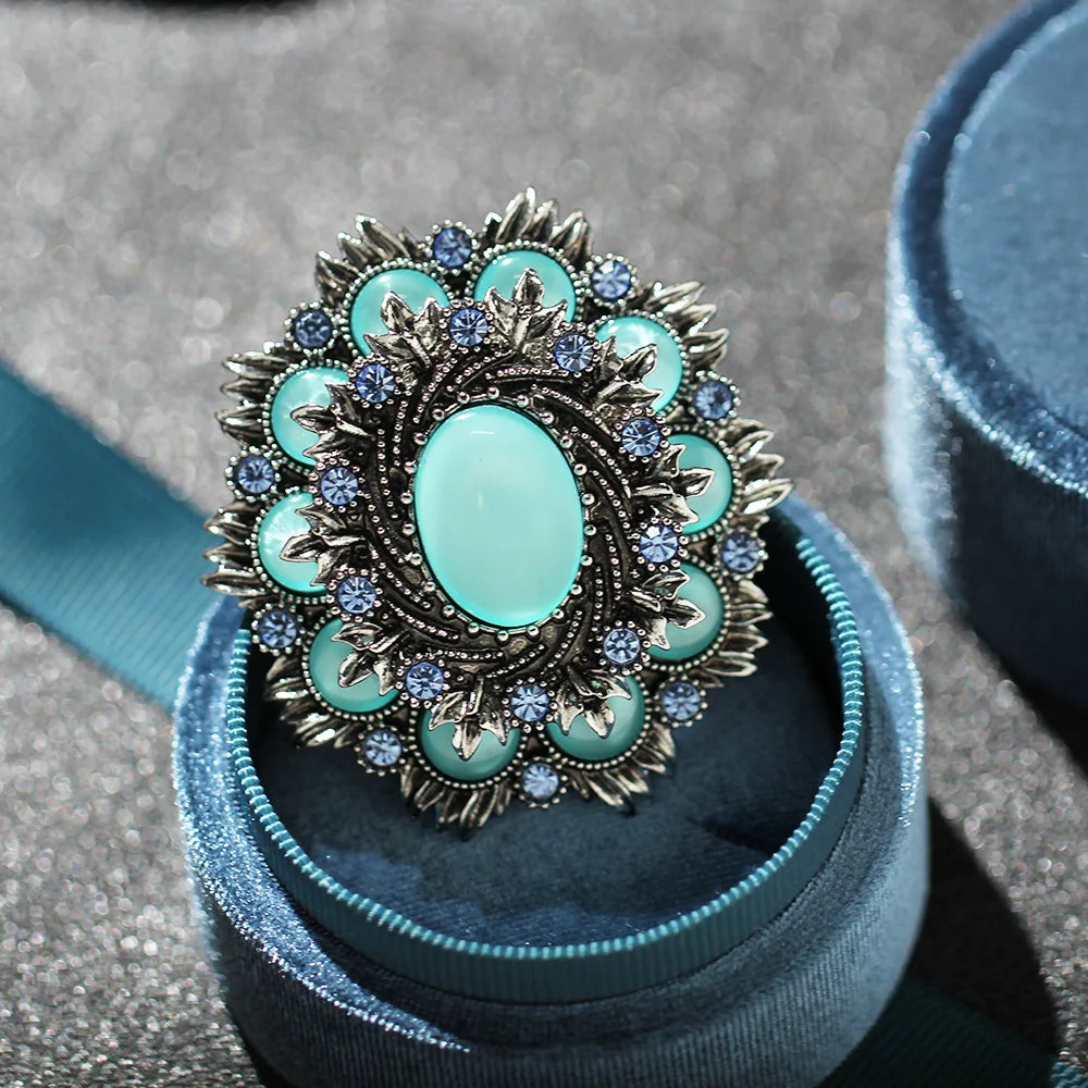 Vintage Niche Artificial Blue Cat's Eye Stone Brooch Geometric Exaggeration Gorgeous Badge Men Women's Clothing Accessories Gift