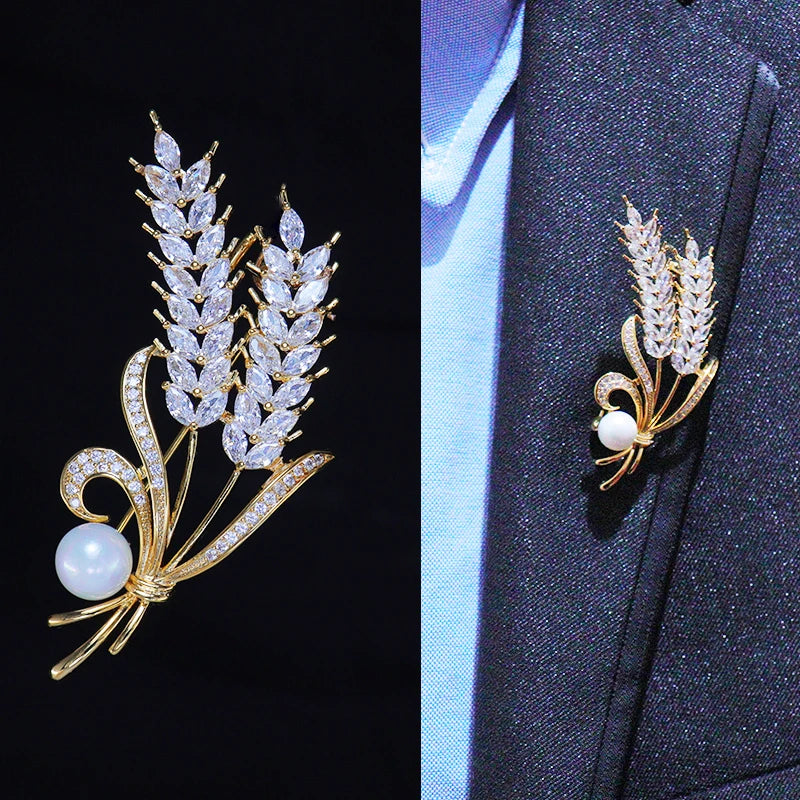 Luxury Rhinestone Wheat Ear Brooch Collar Pins for Suit Shining Women Men's Party Brooches Jewelry