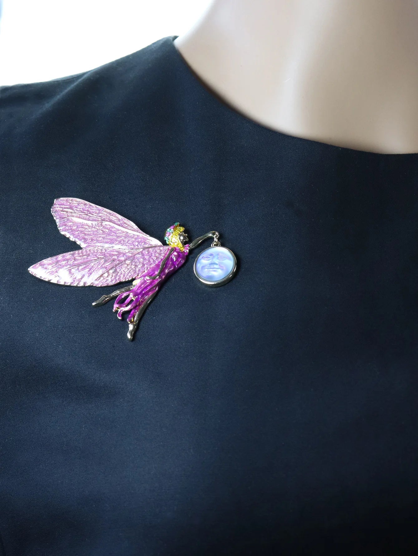 Medieval Guide Fairy brooch, illusion color gradient wings, lucky face, enamel enamel pin, antique sleeping angel elf
