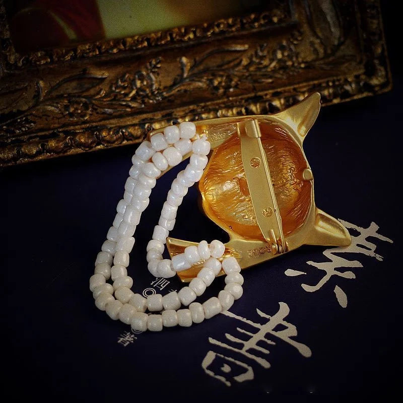 Egypt Wolf Head Brooches Enamel Soul Keeper Bead Chain Corsage Fox Animal Pins Jewelry