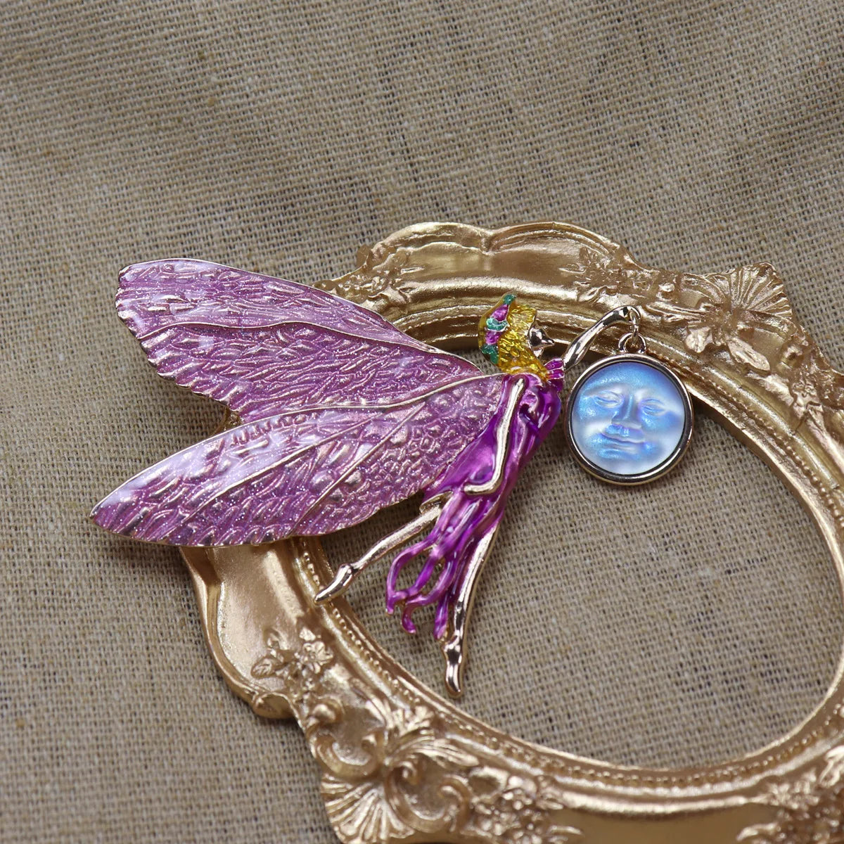 Medieval Guide Fairy brooch, illusion color gradient wings, lucky face, enamel enamel pin, antique sleeping angel elf